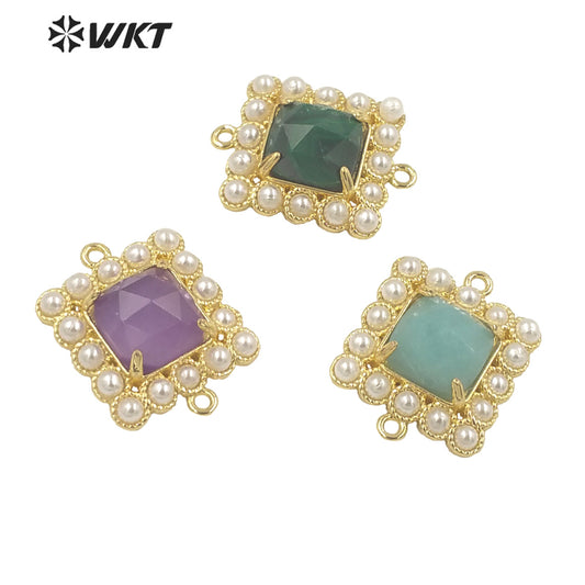 WT-PC004 Wholesale Fashion Gold Double Loops Natural Square Claw Setting Gemstone Connectors for DIY Jewelry Findings