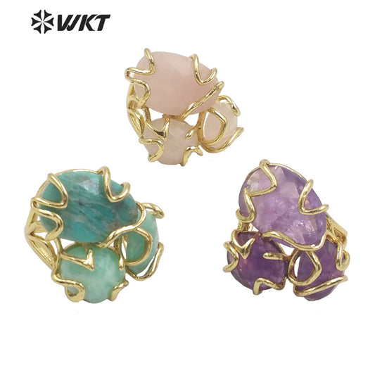 WT-R419 Gorgeous New Collection Stone Ring Women Gold Plated Triple Natural Stone Prong Setting Cocktail Ring for Party Court