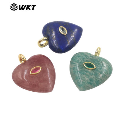 WT-P2042 Popular Sale Lapis Natural Stone Gold Plated Zircon Heart Shape Pendants For Romantic Women Necklace DIY Making