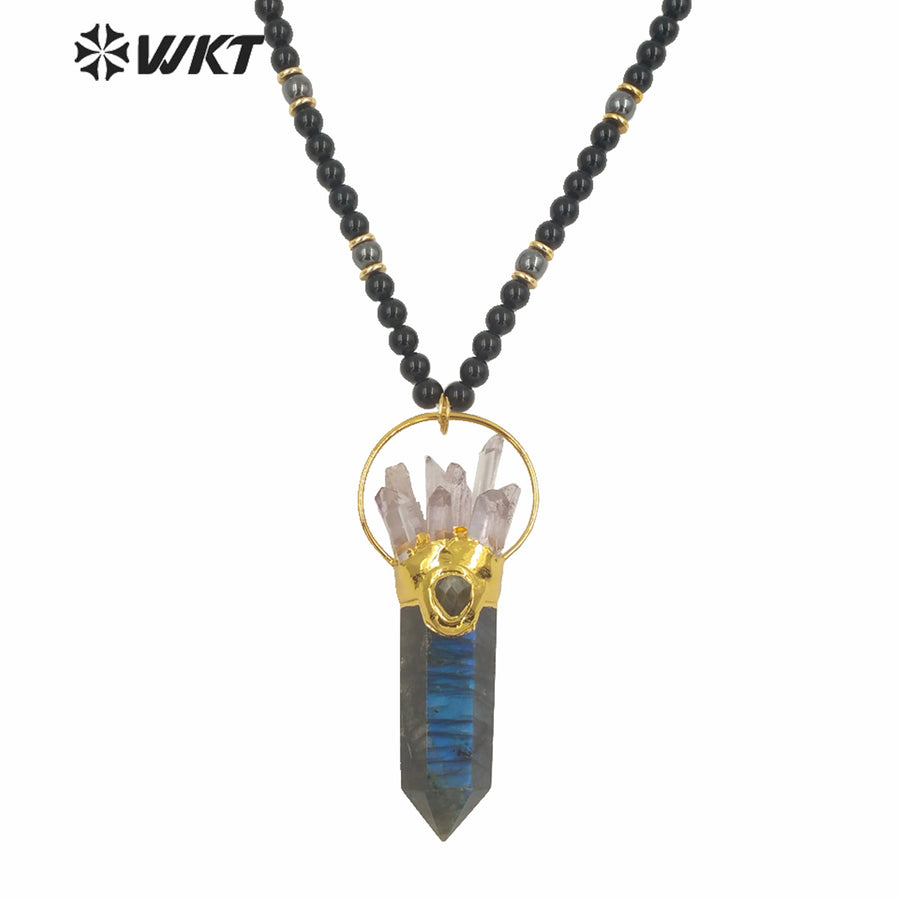 WT-N1244 Women Fashon Big Hexagonal Cube Spirit Point Beads Necklace Natural Labradorite Black Stone Statement Stone Necklace