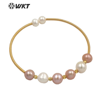 WT-MPB032 High Populared Gold Wire Wrapped Natural Round Freshwater Pearl Bangle Fashion Tiny Elegant Pearl Beads Bangle
