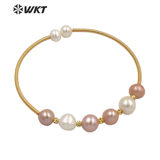 WT-MPB032 High Populared Gold Wire Wrapped Natural Round Freshwater Pearl Bangle Fashion Tiny Elegant Pearl Beads Bangle