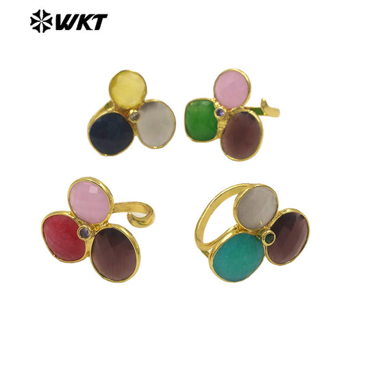 WT-R581 Fashion Lovely 18K Gold Plated Three Natural Cat Eye Stones Triangle Adjustable Women Rings For Anniversary Gift