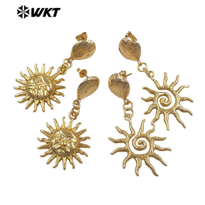 WT-E806 Good Quality Interesting Design Gold Electroplated Yellow Brass Metal Sun Shape Earrings For Women New Year Presents