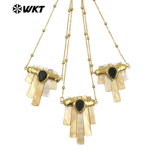 WT-JN323 Natural Shell Statement Necklace Rectangle Shape Special Jewelry Design Gold Electroplated Tiny Chain For Birthday Gift