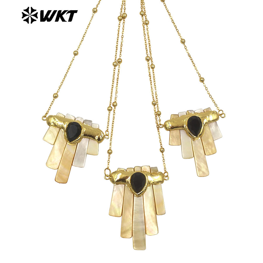 WT-JN323 Natural Shell Statement Necklace Rectangle Shape Special Jewelry Design Gold Electroplated Tiny Chain For Birthday Gift