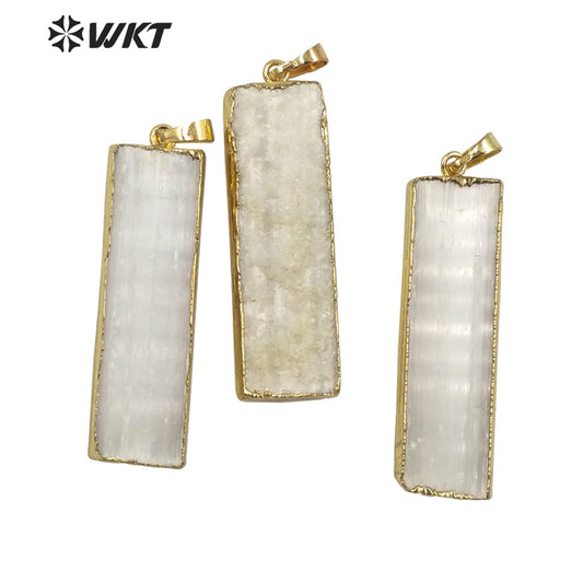 WT-P1641 Wholesale Natural White Long square Selenite Stone Pendant for Necklace Design Gold Trim Fashion Selenite Pendant