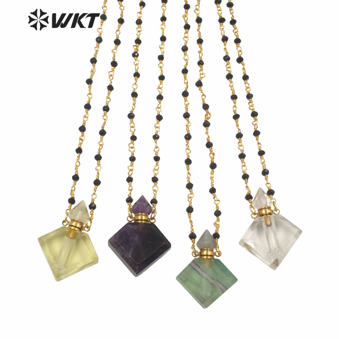 WT-N1229 WKT New Design Natural Precious Faceted Gemstone Essence Oil Bottle Necklace Hot Beads Chain Perfume Bottle Necklace