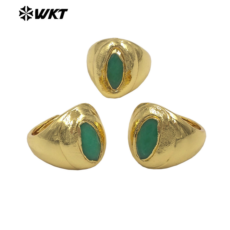 WT-R575 Wholesale Boutique Simple Design 18K Gold Plated Natural Green Jade Stone Women Ring For Daily Wearing Jewelry