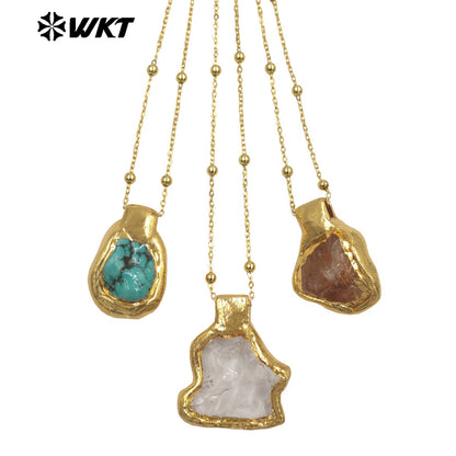 WT-N1500 Exquisite Gold Electroplated Natural Quartz And Turquoise Stone Irregular Pendant Necklace For Women Daily Decoration