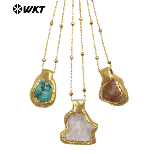 WT-N1500 Exquisite Gold Electroplated Natural Quartz And Turquoise Stone Irregular Pendant Necklace For Women Daily Decoration