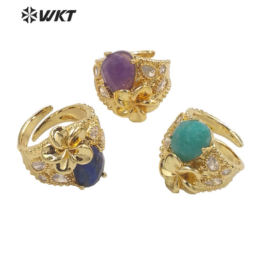 WT-R485 WKT Fashion Design Trendy Gift for Women Colorful High Quality Gorgeous Natural Gemstone and Zircon Stone Ring