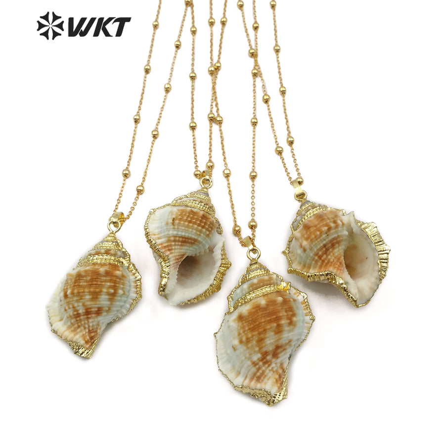 WT-JN072 Bohemian Style 18K Gold Plated Shell Jewelry 18 Inch Natural Sea Shell Pendant White and Brown Trumpet Necklace