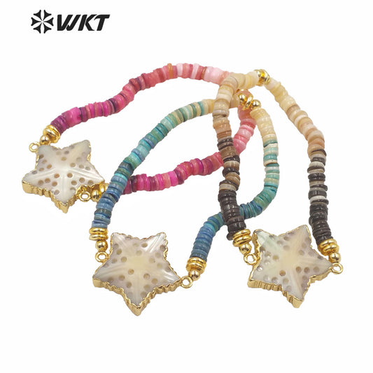 MPB007 Super Chic Women Summer Style Vacation Bracelet Candy Color Natural Shell Beads Bracelet with Sea Star Charms