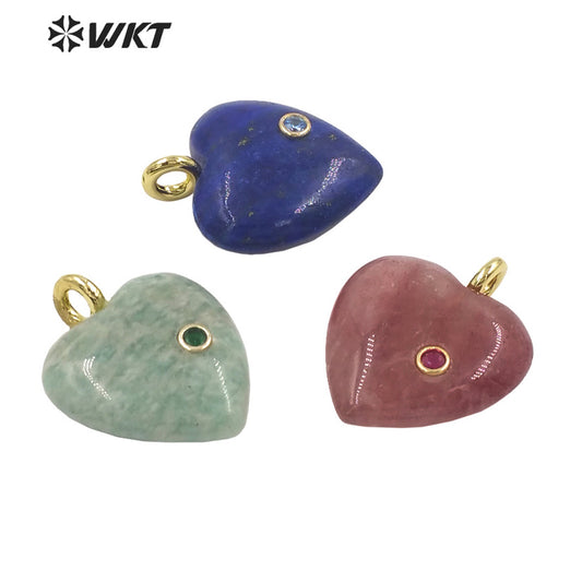 WT-P2028 Factory Wholesale Romantic Style Natural Gemstones And Zircon Heart Shape Pendants For Earrings Design Charms