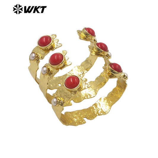 MPB110 Wholesale New Design Bohemian Vintage Natural Red Coral Double Stone Adjustable 18K Gold Plated Women Bangle