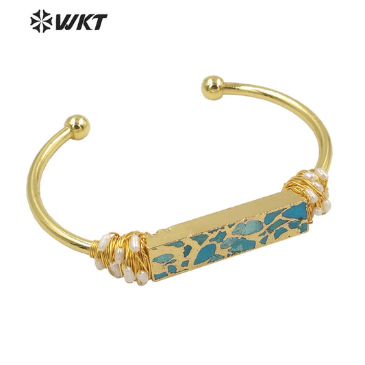 WT-B581 Wholesale Fashion Chic Lady Gorgeous Copper Turquoise Stone Bangle 18k Real Gold Plated Resist Tarnishable Wire Bangle