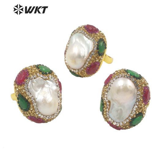 WT-MPR034 Pretty European and American Fashion Ball Pearl Ring Color Zircon Ring with 18k Gold Plated Adjustable Pearl Ring