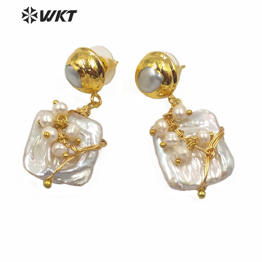 WT-MPE017 Natural Handmade Pearl Dangling Earring Wire Wrapped Pearl Beads Fashion Charming Jewelry Freshwater Pearl Earring