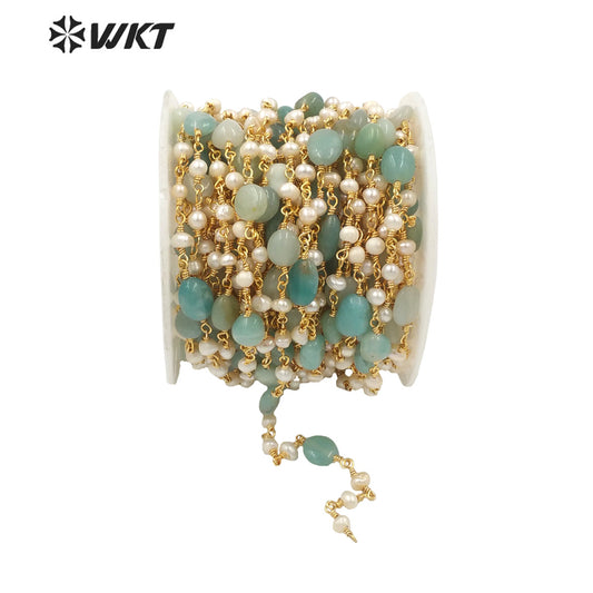 WT-RBC170 Gorgeous Natural amazon Stone Beads Chain with Pearl Mix Elegant Lady Jewelry DIY Necklace Chain for Design Wire Chain