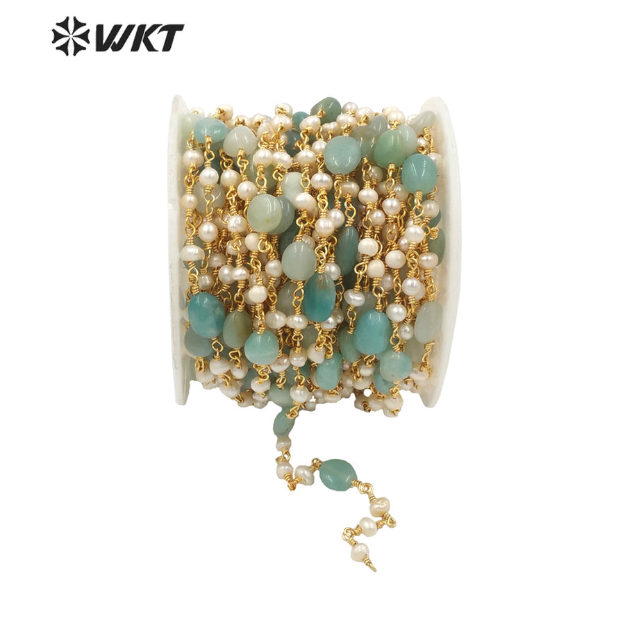 WT-RBC170 Gorgeous Natural amazon Stone Beads Chain with Pearl Mix Elegant Lady Jewelry DIY Necklace Chain for Design Wire Chain