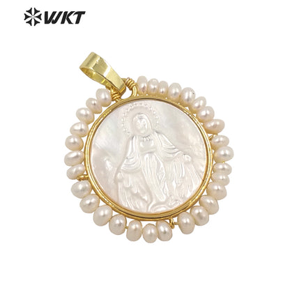 WT-JP256 New Design the God of Mother Virgen Maria Shell Pendant Fashion Gold Bezel White Round Amen Madrededios Pendants