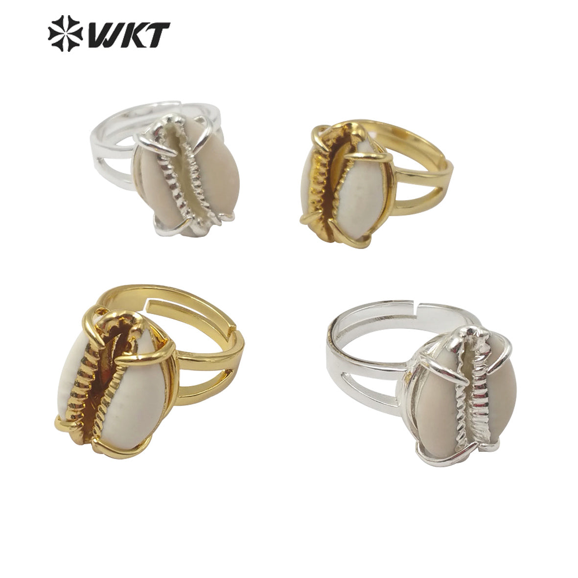 WT-R349 Newest Adjustable Size Gold Prong Setting Cowrie Ring Fashion Charm Jewelry Natural Cowrie Rings