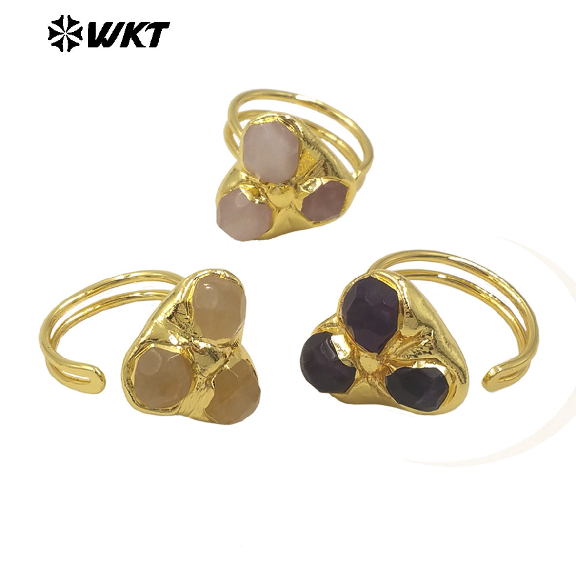 WT-R570 Popular Fashion Women Triple Gemstones Ring Assemble Triangle Shape Gold Plated Adjustable Size Lovely Jewelry Gift