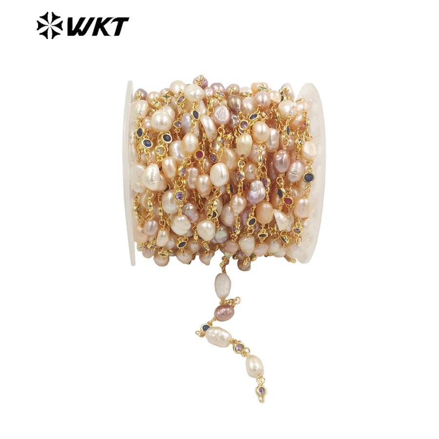 WT-RBC218 Wholesale Precious Handmade Natural Irregular Pearl Mix Colorful Cubic Zircon Beads Chain for Jewelry Design by Meters