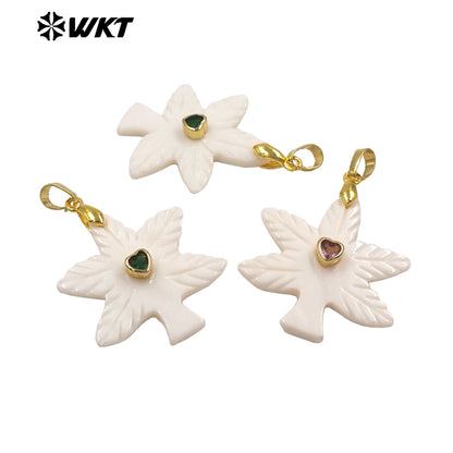 WT-JP523 Factory Wholesale Heart Zircon And Natural White Shell Carved Tree Shape Pendant For Friends Jewelry Gift Making