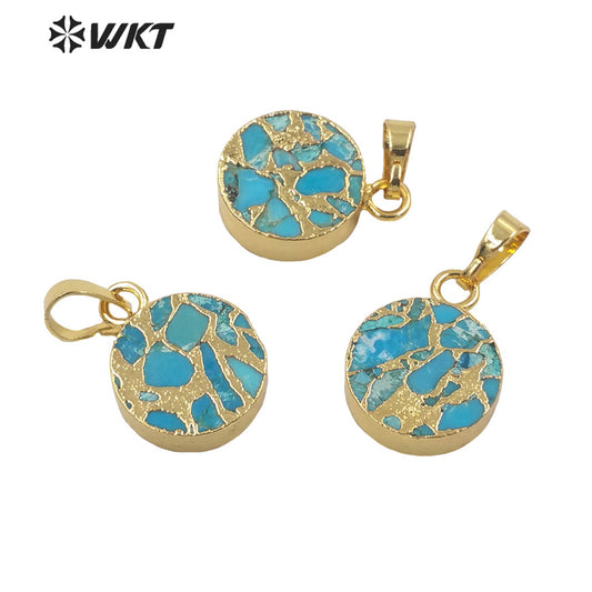 WT-P1699 Wholesale Amazing Round Blue Copper Turquoise Pendant Fashion Single Loop Small Size 15mm Stone Pendant for Necklace