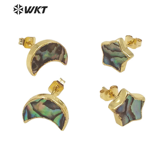 WT-E659 WKT 2022 Special Small Beautiful Natural Abalone Shell Stud Earrings Moon Star Stud Earrings with 18k Gold