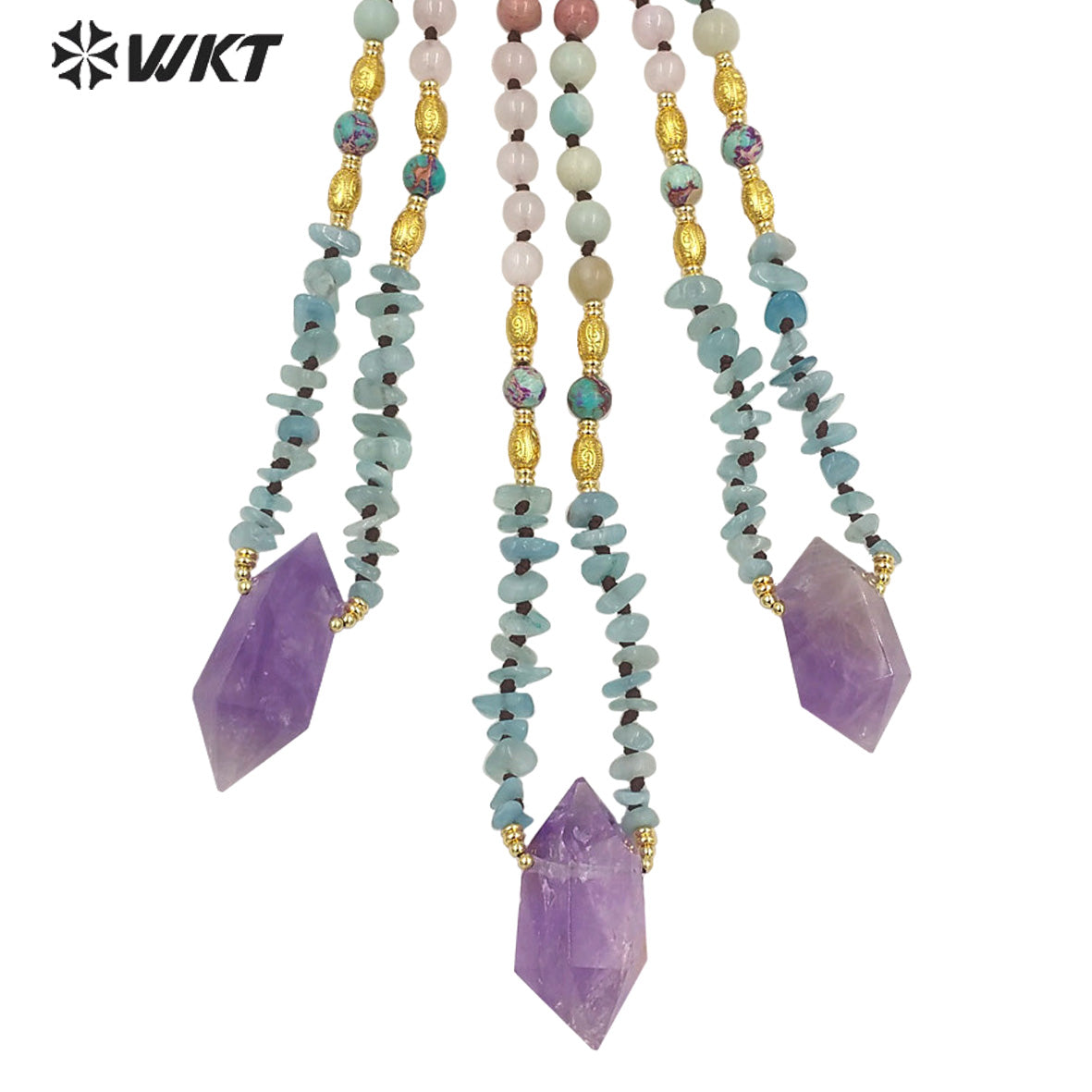 WT-N1377 Fashion Gemstone Bead Chain Quartz Bead With 18k Real Gold Plated Necklace Amethyst Pendant Natural Crystal Necklace