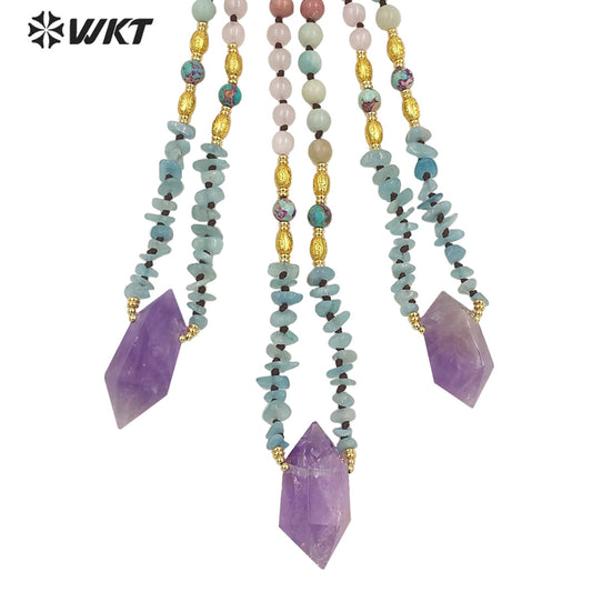 WT-N1377 Fashion Gemstone Bead Chain Quartz Bead With 18k Real Gold Plated Necklace Amethyst Pendant Natural Crystal Necklace
