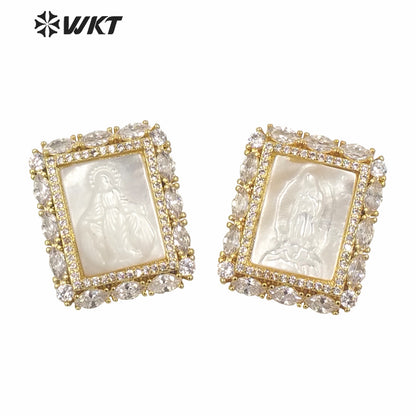 WT-MP145 New Natural MOP Shell Carved Virgin Mary square Pendant Fashion Gold Electroplated Cubic Zircon White Shell Pendants