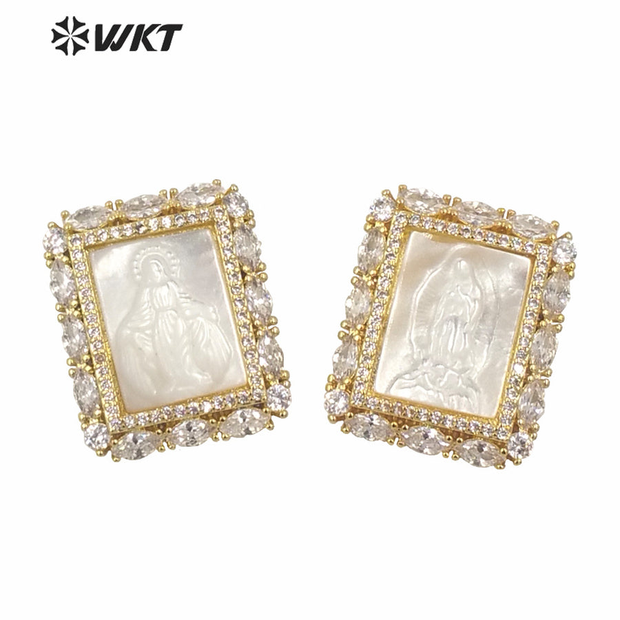 WT-MP145 New Natural MOP Shell Carved Virgin Mary square Pendant Fashion Gold Electroplated Cubic Zircon White Shell Pendants