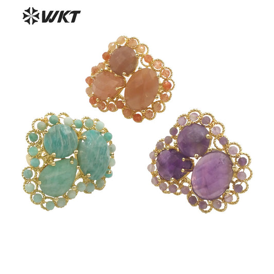 WT-R452 Newest Gold Bezel Natural Gemstone Cocktail Ring Big Exaggerated Luxury Gold Plated Women Triple Stone Ring