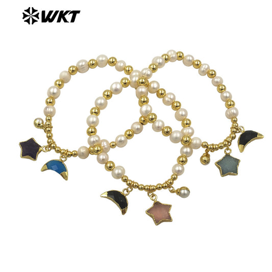 MPB127 High Quality Lovely Pearl Bracelet With Moon and Star Stone Charms Gold Electroplated for Ladies Jewelry Accessories