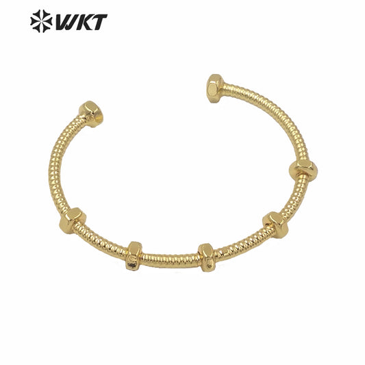 WT-B561 Wholesale Unique Screw Design Punk Style Bangle Popular Cool Open Size Cuff Punk Bangle for Lady Simple Gold Metal Band