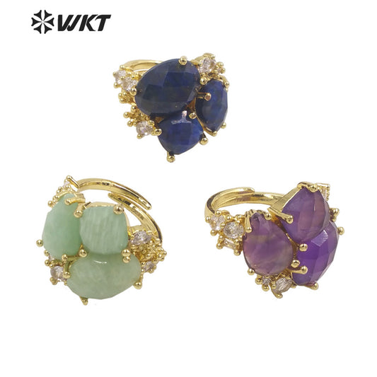 WT-R450 WKT Newest Natural Precious Triple Stone Geometric Shape Women Ring Ins Hot Gold Plated Lapis Jewelry Ring