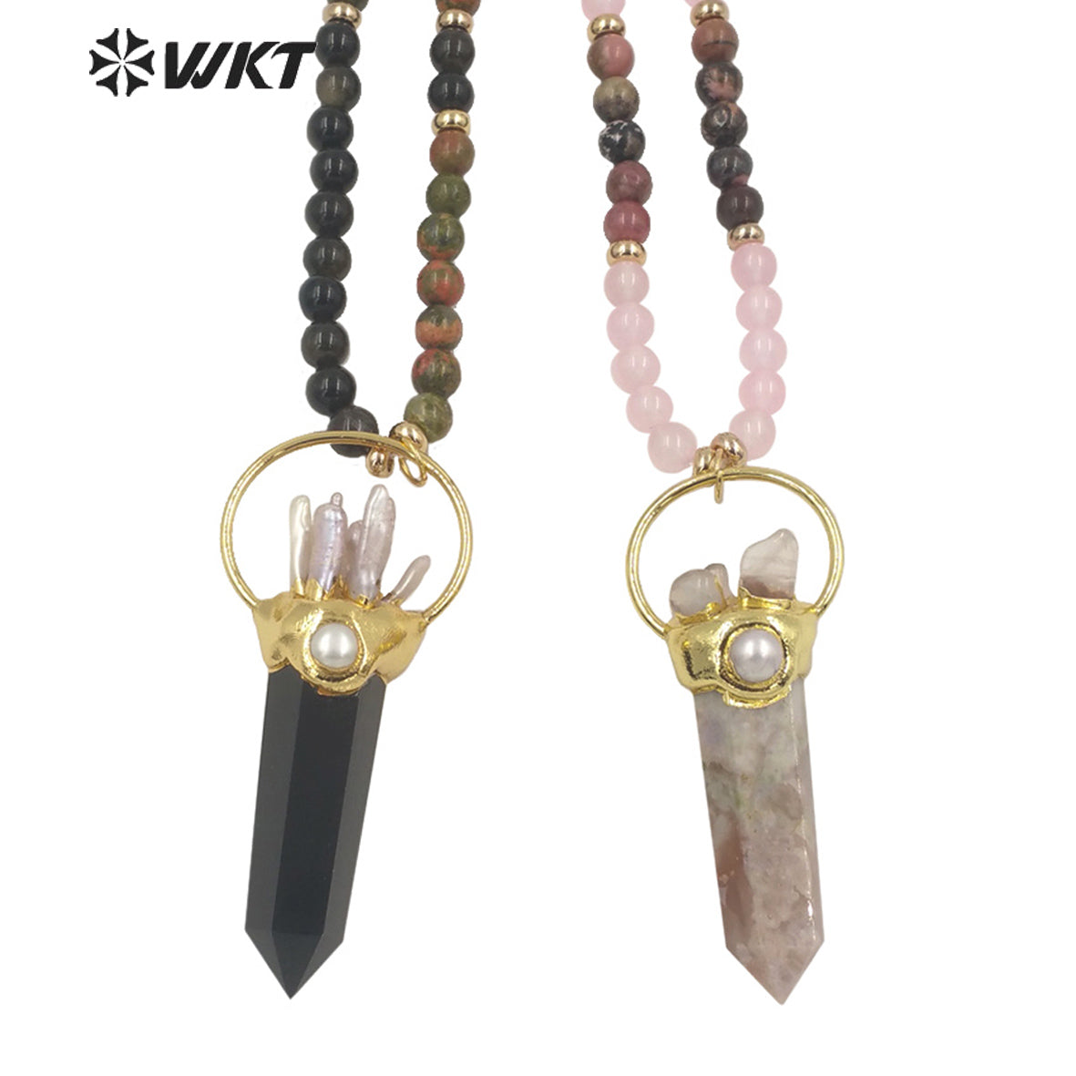 WT-N1338 WKT Women Fashion 30 Inch Long Bead Necklace Handmade Vintage Boho Gemstone Big Quartz Point Necklace Beads Necklace