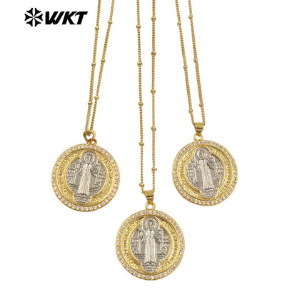 WT-MN987 WKT New Design 18K Gold St Benedict Medal Necklace for Christian Religious Jewelry Gift