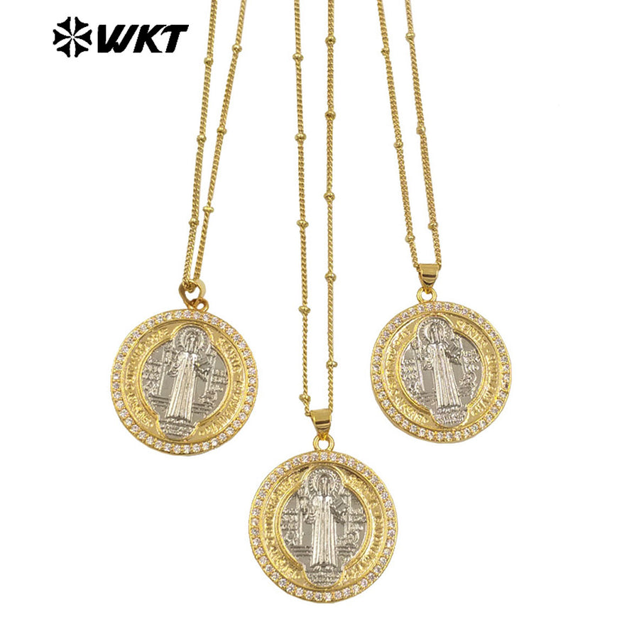 WT-MN987 WKT New Design 18K Gold St Benedict Medal Necklace for Christian Religious Jewelry Gift