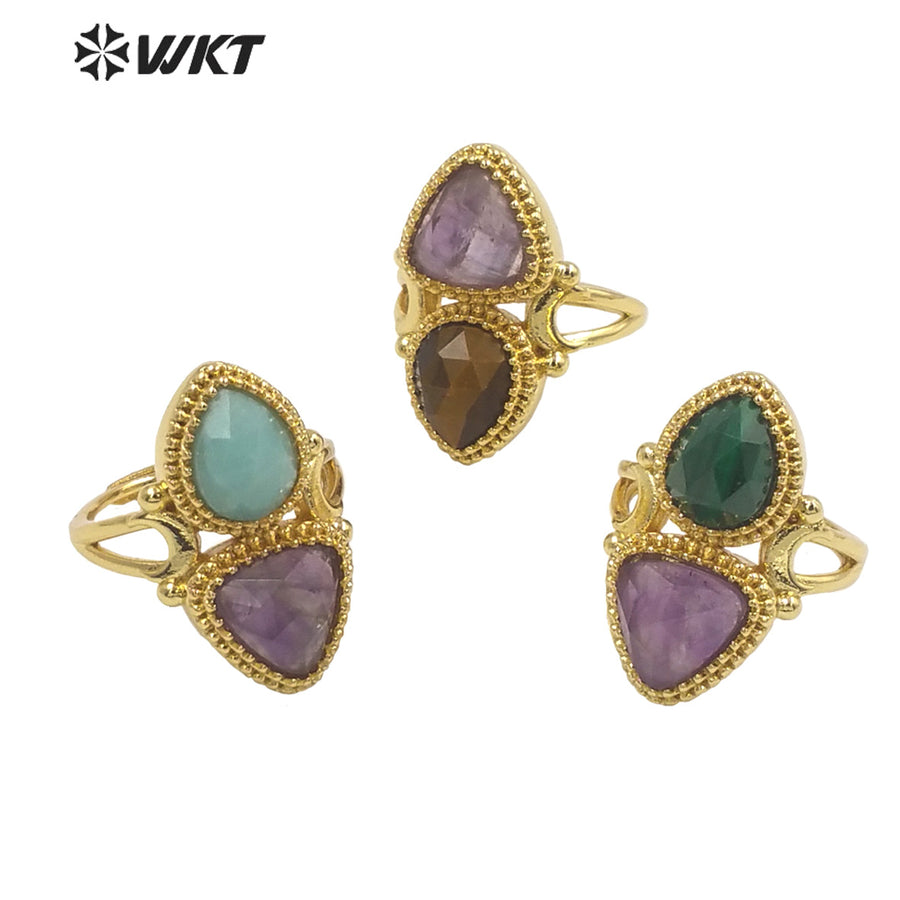 WT-R476 New Design Colorful Natural Gemstone Ring With Women Fashion Gold Plated Peacock Stone Ring Boho Charming Ring