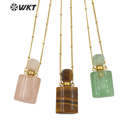 WT-N1285 Wholesale Gold Plated Natural Stone Rose Quartz square Essencial Oil Bottle Necklace Double Loop Perfume Necklace