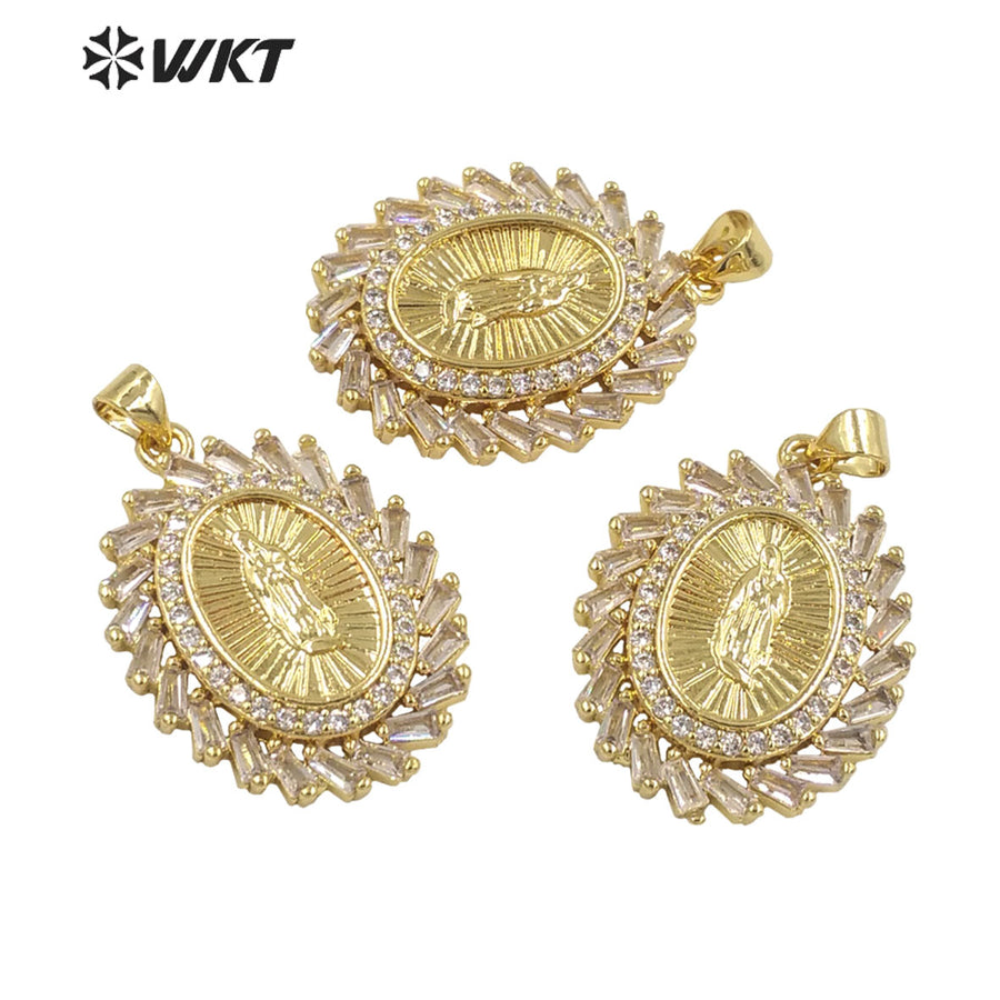 WT-MP283 Newest Vintage Style Female Deity Shaped Round Shaped Cubic Zircon Madonna Design Pendant
