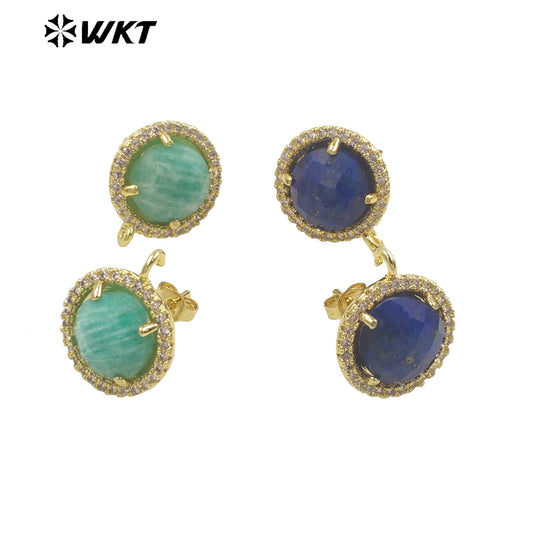 WT-JFE82 WKT Elegant 10mm Round 18k Gold Plated Claw Setting Stone Earring Hoops for DIY Making Fashion Gemstone Studs Findings