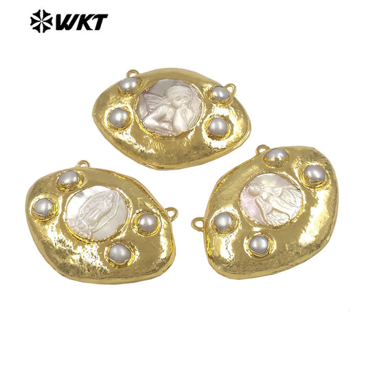 WT-PC022 High Quality Gold Plated Double Hoops Mother Of Pearl Religious Style Connector As Lady Handmade Jewelry Findings