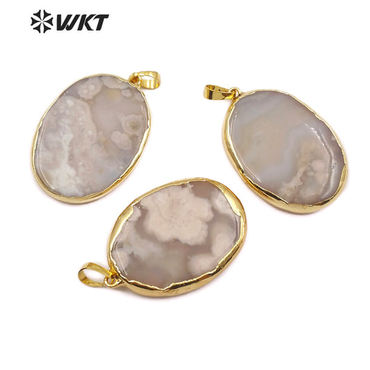 WT-JP125 Wholesale New Arrival Natural Pattern and Color Stones Pendant With 18K Gold Plated Oval Cherry Agate Pendant