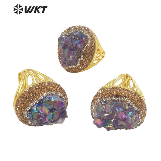 WT-R433 Fashion Oval Shape Aura Amethyst Stone Ring 18k Gold Bezel Setting Rhinestone Paved Druzy Amethyst Ring for Gift